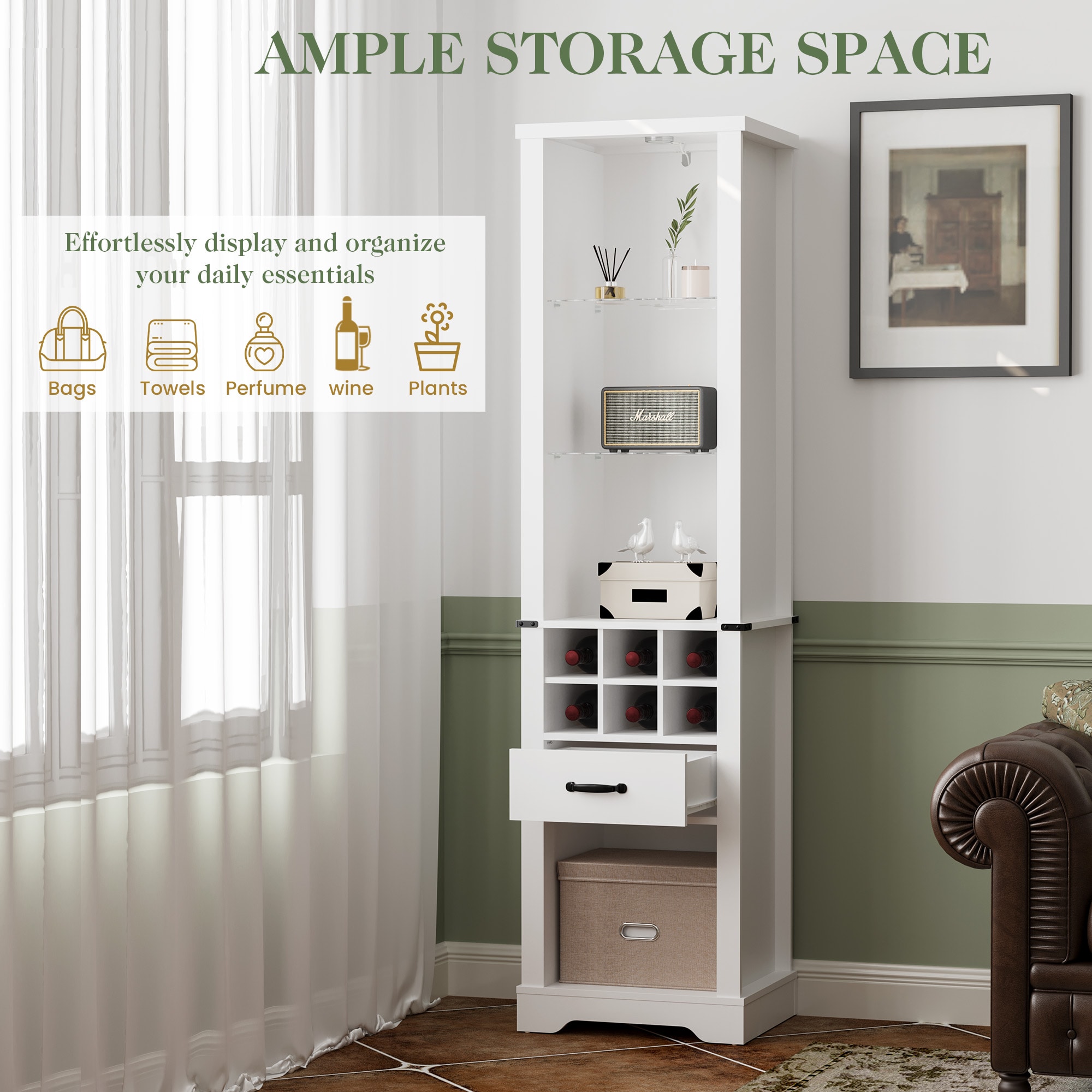 75'' Tall Storage Cabinet With LED Light, Farmhouse Pantry Cabinet With Tempered Glass Adjustable Shelves & Wine Storage Rack, Freestanding Linen Tower For Bathroom, Living Room, Kitchen, White_voghion.com